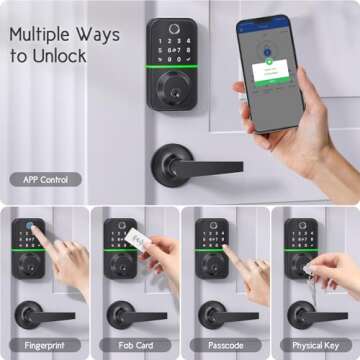 Keypad Door Lock with Handle Set: Fingerprint Deadbolt Smart Lock with 2 Levers - APP Controlled Key...