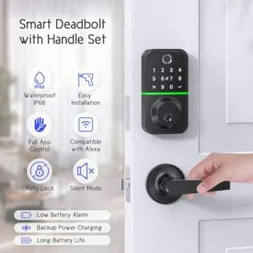 Keypad Door Lock with Handle Set: Fingerprint Deadbolt Smart Lock with 2 Levers - APP Controlled Keyless Entry Door Lock - Waterproof Smart Locks for Front Door - Electronic Door Lock with Code