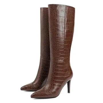 Modatope Brown Knee High Boots Women Knee High Boots Brown Corcodile Pointed Toe High Heel Boots Side Zipper Women Tall Boots Size 8.5