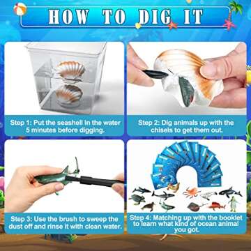EARTH'SCODE Ocean Animals Dig Kit, Seashell Excavation Dig Bricks, Science Educational Gift for Kids