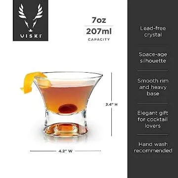 Viski Heavy Base Stemless Manhattan Glasses Set of 2 - Premium Crystal Cocktail Glass, Stemless Martini Glasses, Cocktail Glass Gift Set, 7 oz