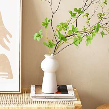 icoloursky Ceramic Modern Oval Vase, Boho White, 4x4.53x9.05 inches, Sturdy, Solid Flowers Theme, Farmhouse Kitchen Decor, Mother's Day Gift