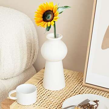 icoloursky Ceramic Modern Oval Vase, Boho White, 4x4.53x9.05 inches, Sturdy, Solid Flowers Theme, Farmhouse Kitchen Decor, Mother's Day Gift