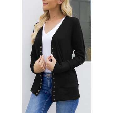 NENONA Women's Long Sleeve Lightweight Cardigans Open Front Button Down Basic Soft Outwear(Black-XL)