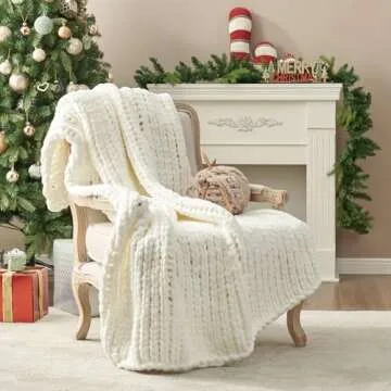 Amélie Home Chunky Knit Blanket Throw, Thick Soft Chenille Yarn Throw, Warm Handmade Rope Knot Blanket for Couch Sofa Bed, 40x50, Ivory