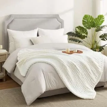 Amélie Home Chunky Knit Blanket Throw, Thick Soft Chenille Yarn Throw, Warm Handmade Rope Knot Blanket for Couch Sofa Bed, 40x50, Ivory