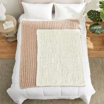 Amélie Home Chunky Knit Blanket Throw, Thick Soft Chenille Yarn Throw, Warm Handmade Rope Knot Blanket for Couch Sofa Bed, 40x50, Ivory