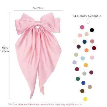 Large Hair Bows Clips for Women, Pink Silky Satin Hair Bow Hair Clips Long Tail Vintage French Hair ...
