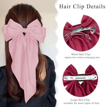 Large Hair Bows Clips for Women, Pink Silky Satin Hair Bow Hair Clips Long Tail Vintage French Hair Ribbon Hair Barrettes for Girls