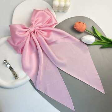 Large Hair Bows Clips for Women, Pink Silky Satin Hair Bow Hair Clips Long Tail Vintage French Hair Ribbon Hair Barrettes for Girls