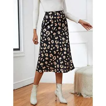 LYANER Women's Casual Boho Printed High Waist Side Split Hem Zipper Midi Skirt Black Medium