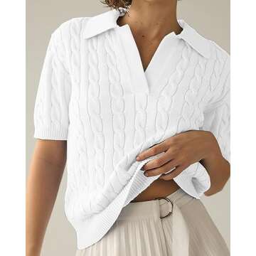 Imily Bela Women's Cable Short Sleeve Sweaters Tops Solid Lapel V Neck Knit Casual Soft Pullover Shi...