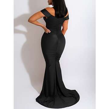 YMDUCH Women's Sexy Off Shoulder Ruched Mermaid Slit Evening Gown Long Party Formal Dress Black