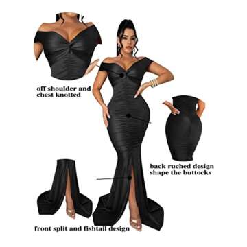YMDUCH Women's Sexy Off Shoulder Ruched Mermaid Slit Evening Gown Long Party Formal Dress Black