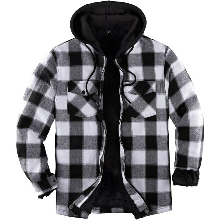 ZENTHACE Sherpa Lined Hooded Plaid Shirt Jacket