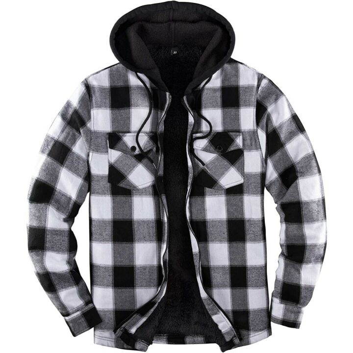 ZENTHACE Sherpa Lined Hooded Plaid Shirt Jacket