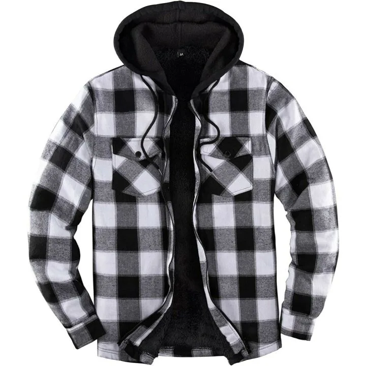 ZENTHACE Sherpa Lined Hooded Plaid Shirt Jacket