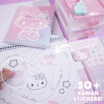 Hello Kitty 50th Anniversary Sketchbook by STMT, Includes Kawaii Hello Kitty Notebook With 20 Coloring Pages & Prompts, 100 Hello Kitty Stickers, Cute School Supplies, Sanrio Stationery