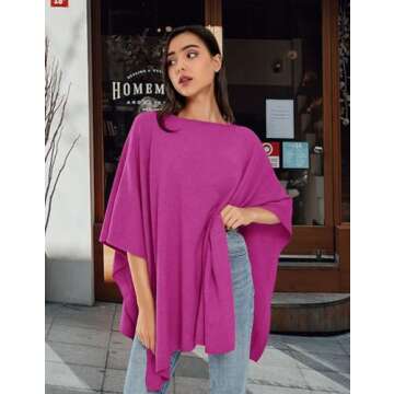 PULI Womens Pullover Poncho Sweater Cashmere Feel Shawl Wraps Loose Fitting Baggy Tops for Fall Winter Hotpink