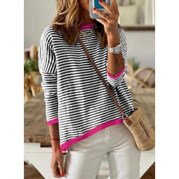 Dokotoo Summer Sweaters for Women Trendy Round Neck Dropped Shoulder Striped Sweater Women Casual Co...