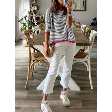 Dokotoo Summer Sweaters for Women Trendy Round Neck Dropped Shoulder Striped Sweater Women Casual Color Block Pullover Tops Womens Spring Clothes Black XX-Large