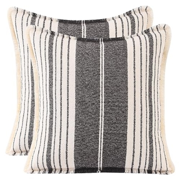 Tosleo Black Throw Pillow Covers 18x18 Set of 2 with Fringe Striped Farmhouse Couch Decorative Pillo...