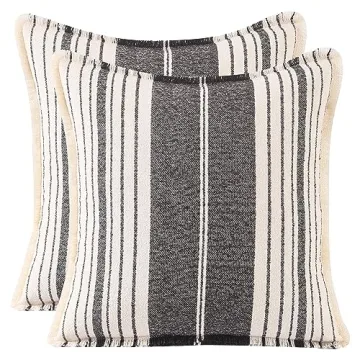 Tosleo Black Throw Pillow Covers 18x18 Set of 2 with Fringe Striped Farmhouse Couch Decorative Pillo...