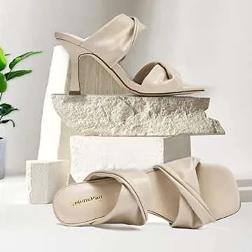 SelenePair Women's Square Open Toe High Heeled Sandals Fashion Stiletto Heel Pumps Backless Peep Toe Slip-on Dress Shoes(Nude PU, Numeric_6.5)