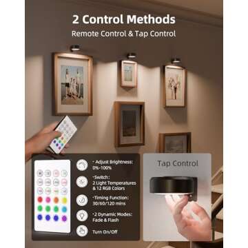 EZVALO Picture Lights for Wall,2000mAh Rechargeable Battery Magnetic Poster Lights with 2 Color Temps&12 RGB,Remote Dimmable Timer Painting Light,Wall Decor Light for Art Display,Picture,Frame(3 Pack)