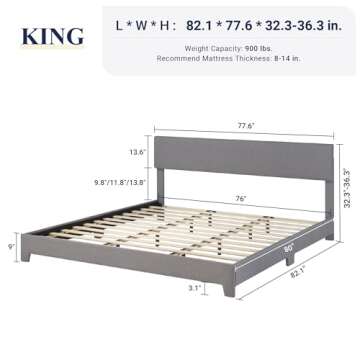 Allewie King Size Platform Bed Frame with Adjustable Upholstered Headboard, Strong Wood Slats, Heavy...