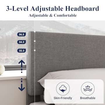 Allewie King Size Platform Bed Frame with Adjustable Upholstered Headboard, Strong Wood Slats, Heavy Duty Mattress Foundation, No Box Spring Needed, Noise-Free, Easy Assembly, Light Grey