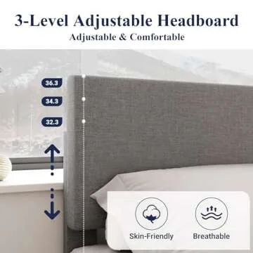 Allewie King Size Platform Bed Frame with Adjustable Upholstered Headboard, Strong Wood Slats, Heavy Duty Mattress Foundation, No Box Spring Needed, Noise-Free, Easy Assembly, Light Grey