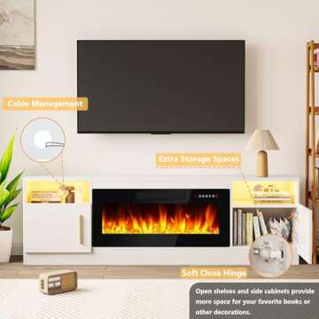 TAVATA Fireplace TV Stand Entertainment Center with 36" Fireplace, 70" Wooden TV Stand for TVs Up to 80",Media TV Console with High Gloss Storage Cabinet and 16 Colors LED Lights (White)