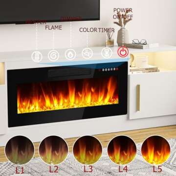 TAVATA Fireplace TV Stand Entertainment Center with 36" Fireplace, 70" Wooden TV Stand for TVs Up to 80",Media TV Console with High Gloss Storage Cabinet and 16 Colors LED Lights (White)