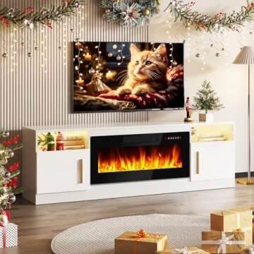 TAVATA Fireplace TV Stand Entertainment Center with 36" Fireplace, 70" Wooden TV Stand for TVs Up to 80",Media TV Console with High Gloss Storage Cabinet and 16 Colors LED Lights (White)