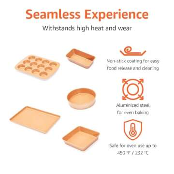 Amazon Basics Ceramic Nonstick Baking Sheets and Pans Bakeware Set, 5-Piece Set- Copper Color