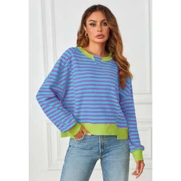 MEROKEETY Women's Striped Color Block Cropped Sweatshirt - Trendy Y2K Style, SteelBlue