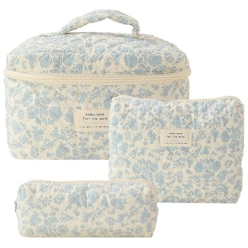 Juoxeepy Quilted Makeup Bag Floral Cotton Cosmetic Pouch for Travel and More