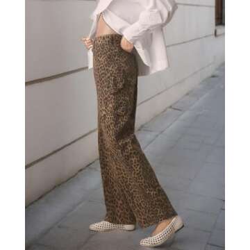 Kedera Leopard Print Barrel Denim Jeans for Women Wide Leg Mid Rise Barrel Denim Tapered Ankle Pants Baggy Boyfriend Cargo Jeans