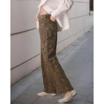 Kedera Leopard Print Barrel Denim Jeans for Women Wide Leg Mid Rise Barrel Denim Tapered Ankle Pants Baggy Boyfriend Cargo Jeans