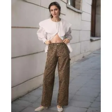 Kedera Leopard Print Barrel Denim Jeans for Women Wide Leg Mid Rise Barrel Denim Tapered Ankle Pants Baggy Boyfriend Cargo Jeans