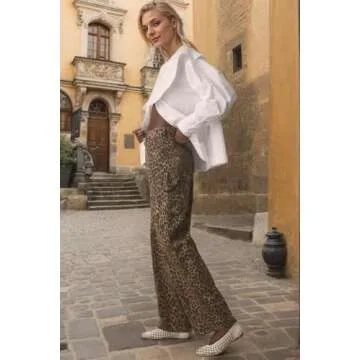 Kedera Leopard Print Barrel Denim Jeans for Women Wide Leg Mid Rise Barrel Denim Tapered Ankle Pants Baggy Boyfriend Cargo Jeans