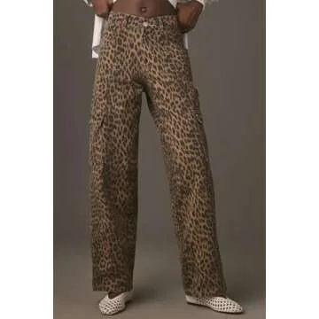 Kedera Leopard Print Barrel Denim Jeans for Women Wide Leg Mid Rise Barrel Denim Tapered Ankle Pants Baggy Boyfriend Cargo Jeans