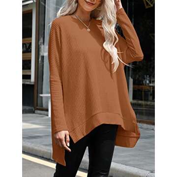 ANRABESS Women's Oversized Crewneck Long Batwing Sleeve Waffle Knit Lightweight Casual Loose Split S...