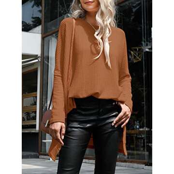 ANRABESS Women's Oversized Crewneck Long Batwing Sleeve Waffle Knit Lightweight Casual Loose Split Sweater Shirts Tunic Tops caramel Small