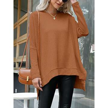 ANRABESS Women's Oversized Crewneck Long Batwing Sleeve Waffle Knit Lightweight Casual Loose Split Sweater Shirts Tunic Tops caramel Small