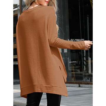 ANRABESS Women's Oversized Crewneck Long Batwing Sleeve Waffle Knit Lightweight Casual Loose Split Sweater Shirts Tunic Tops caramel Small
