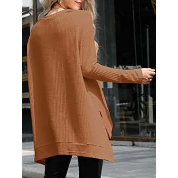 ANRABESS Women's Oversized Crewneck Long Batwing Sleeve Waffle Knit Lightweight Casual Loose Split Sweater Shirts Tunic Tops caramel Small