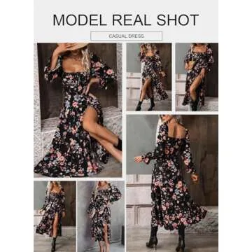 BLENCOT Women's Floral Print Puff Long Sleeve Maxi Dress Sexy Square Neck Tie Front Ruffle Hem Split A-line Beach Dresses Black L