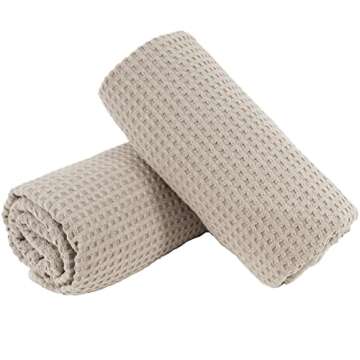 POLYTE Microfiber Oversize Quick Dry Lint Free Bath Towel Set of 2 (Beige, Waffle Weave)